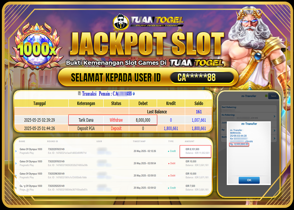 TUANTOGEL JACKPOT SLOT GATES OF OLYMPUS 1000 Rp8.000.000 - LUNAS
